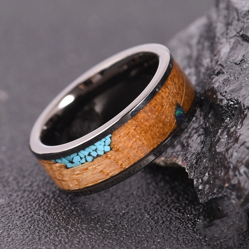 Amazing 8mm High Polished Black Tungsten Carbide Ring with Wood and Opal and turquoise Inlay China Supplier