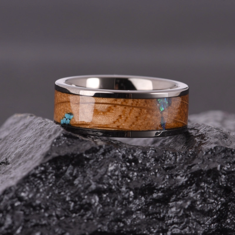 Amazing 8mm High Polished Black Tungsten Carbide Ring with Wood and Opal and turquoise Inlay China Supplier