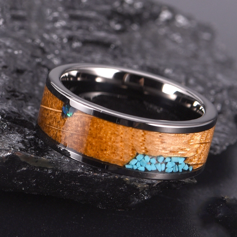 Amazing 8mm High Polished Black Tungsten Carbide Ring with Wood and Opal and turquoise Inlay China Supplier