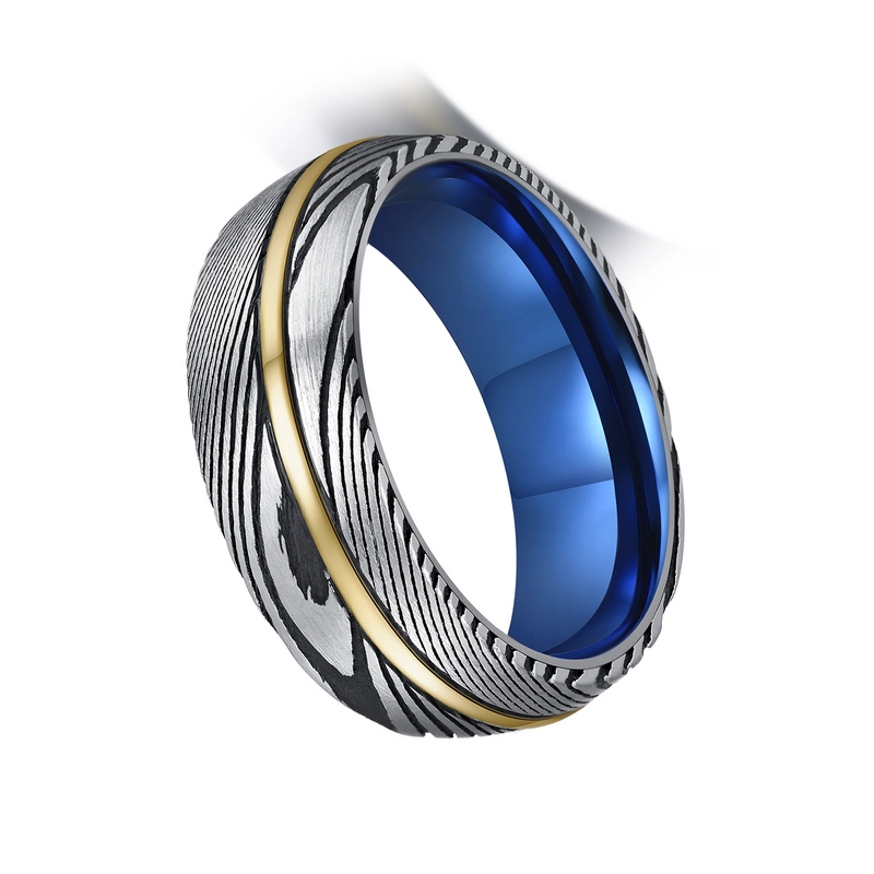 Professioneller Hersteller Herren Blue Plattiert Wolfram und Schwarz Damaskus Stahlring