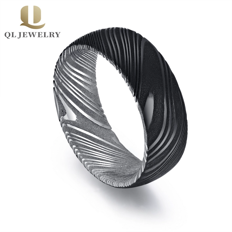 Großhandel Männer Schwarz Damaskus Stahl Hochzeit Band Damaskus Stahl Ring China Lieferant