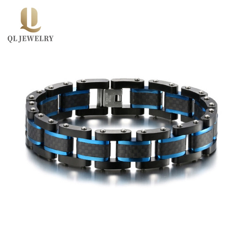 China Superqualitätsmänner schwarzer Kohlefaser und blau plattiertes Edelstahl-Armband