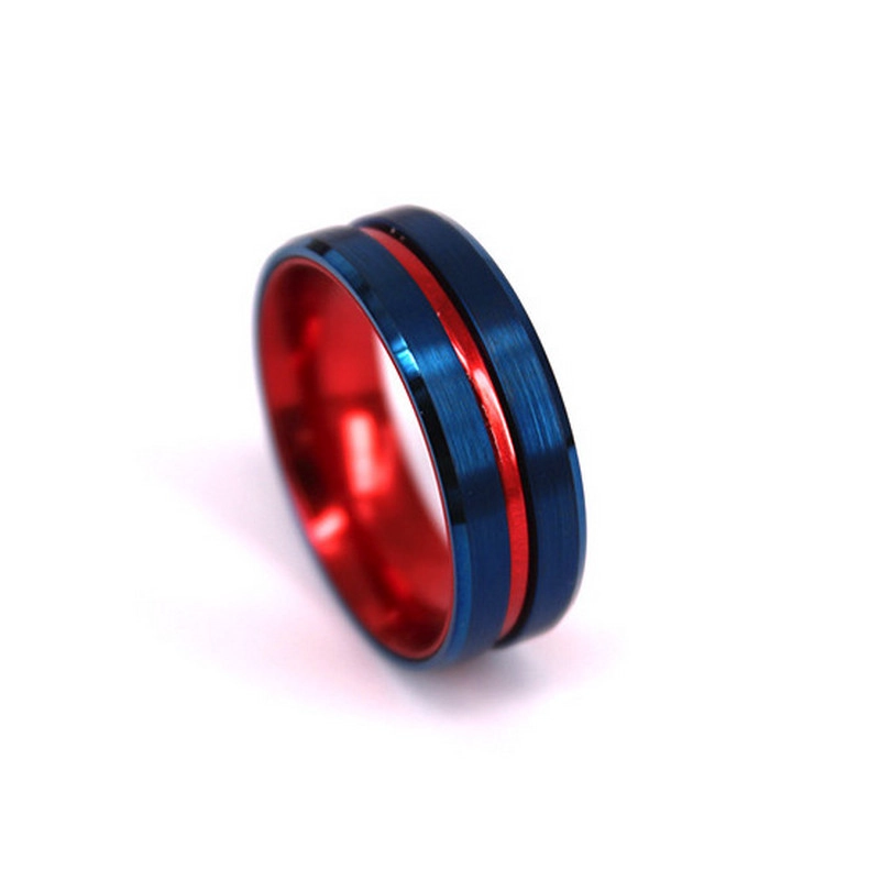8mm Men's Blue Tungsten Wedding Band with Red Aluminum Inner Band