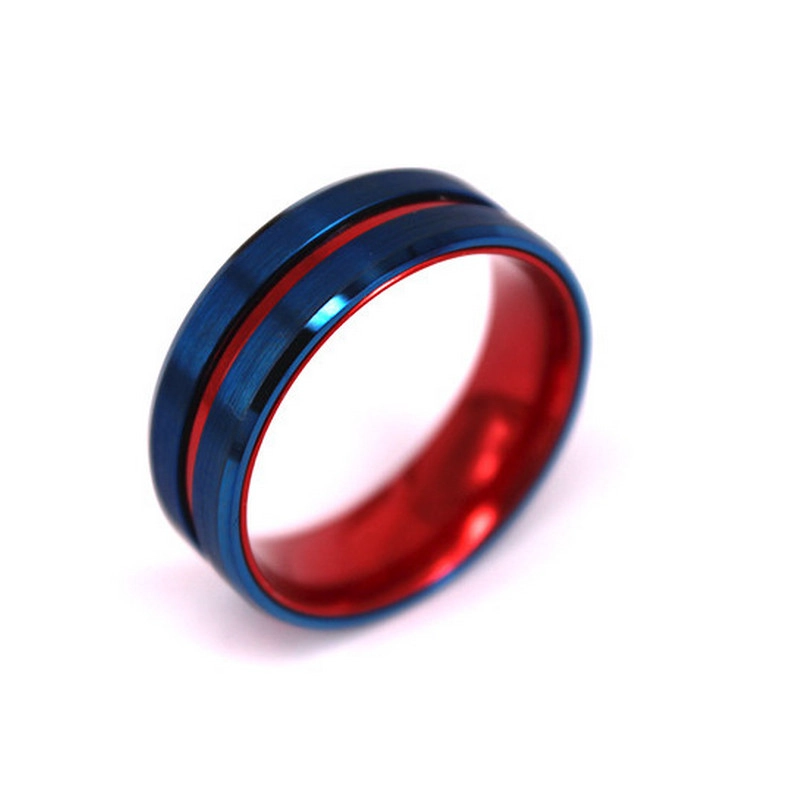 8mm Men's Blue Tungsten Wedding Band with Red Aluminum Inner Band