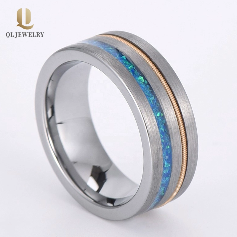 Großhandel 8mm Satin gebürstetes flaches Wolfram-Hochzeitsband mit Opal- und Gold-Edelstahl-Inlay