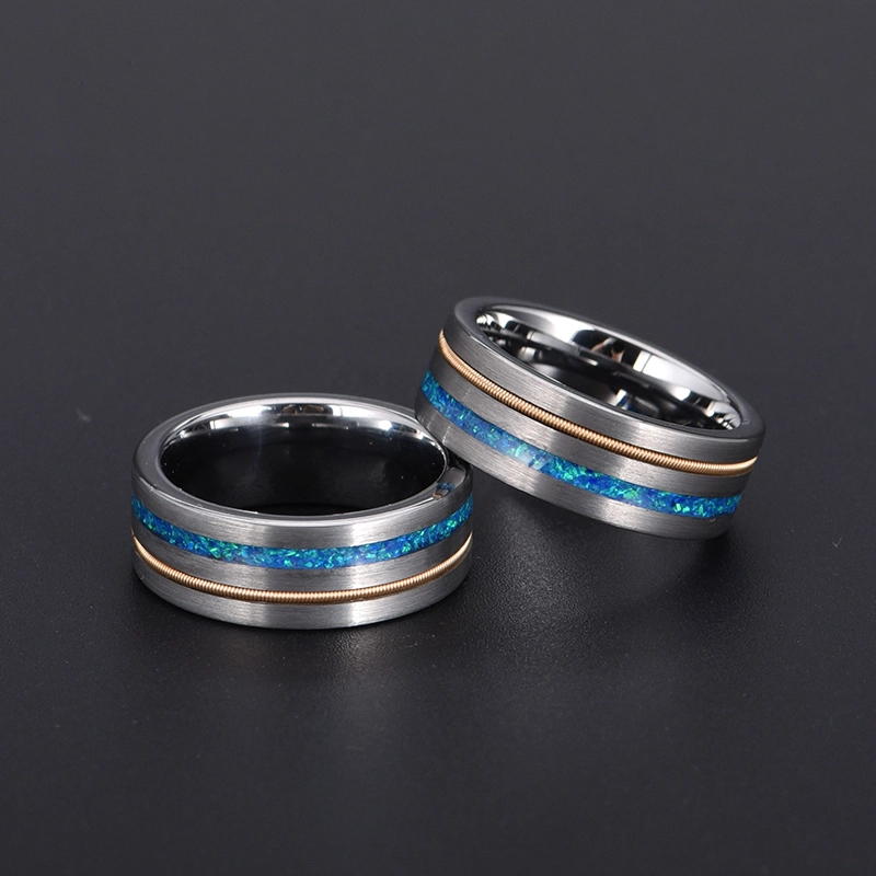 Großhandel 8mm Satin gebürstetes flaches Wolfram-Hochzeitsband mit Opal- und Gold-Edelstahl-Inlay