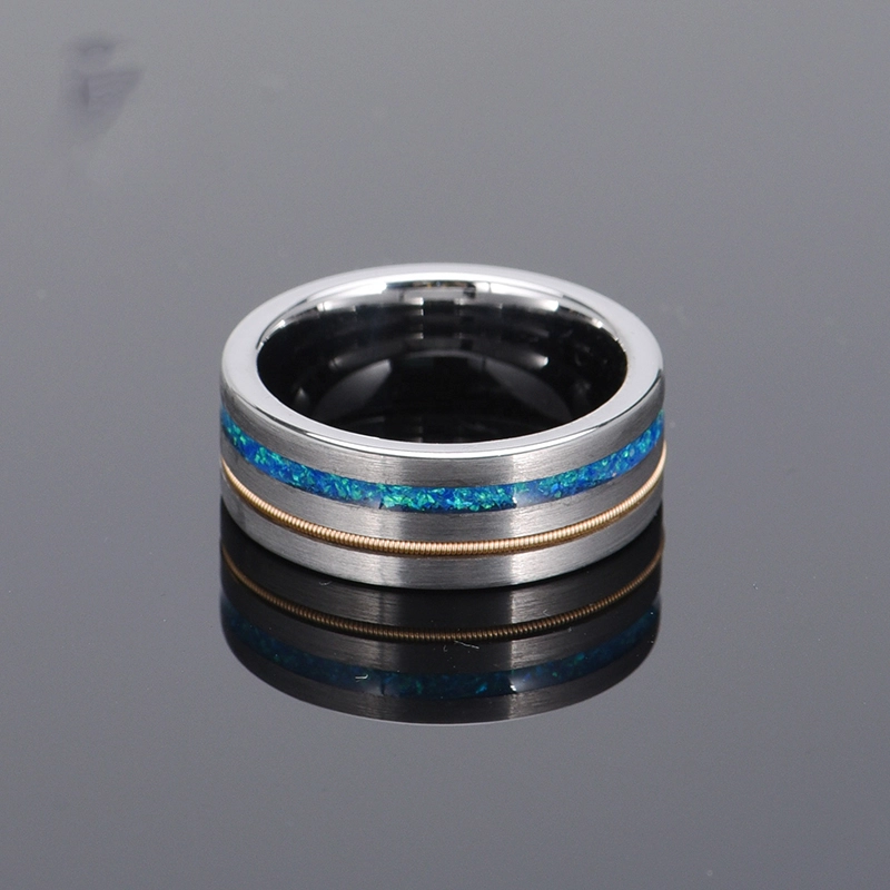 Großhandel 8mm Satin gebürstetes flaches Wolfram-Hochzeitsband mit Opal- und Gold-Edelstahl-Inlay