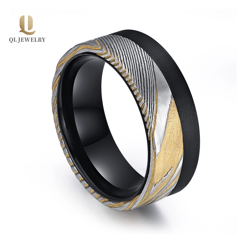 Erstaunlich 8mm flach schwarz gebürsteter Wolframkarbidring mit Damaskus-Stahlband Inlay