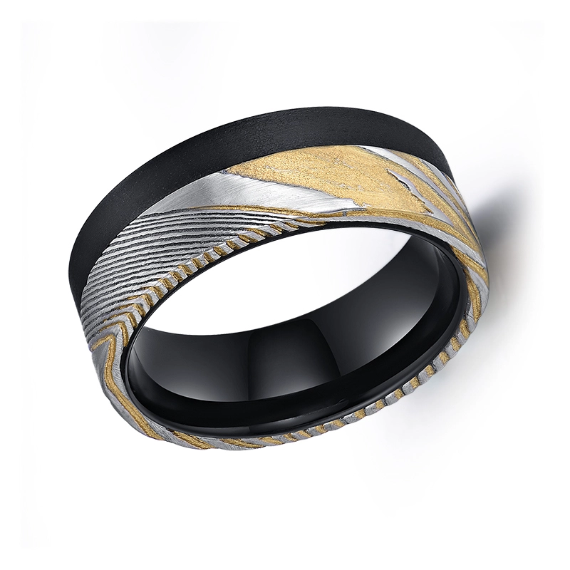 Erstaunlich 8mm flach schwarz gebürsteter Wolframkarbidring mit Damaskus-Stahlband Inlay