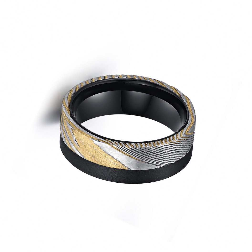 Erstaunlich 8mm flach schwarz gebürsteter Wolframkarbidring mit Damaskus-Stahlband Inlay