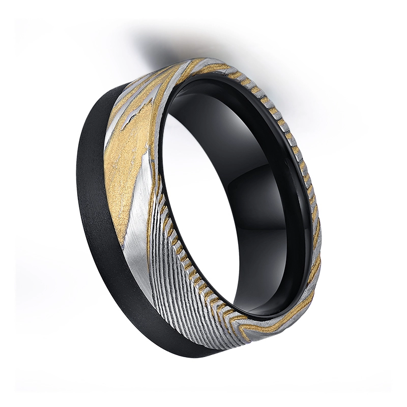 Erstaunlich 8mm flach schwarz gebürsteter Wolframkarbidring mit Damaskus-Stahlband Inlay