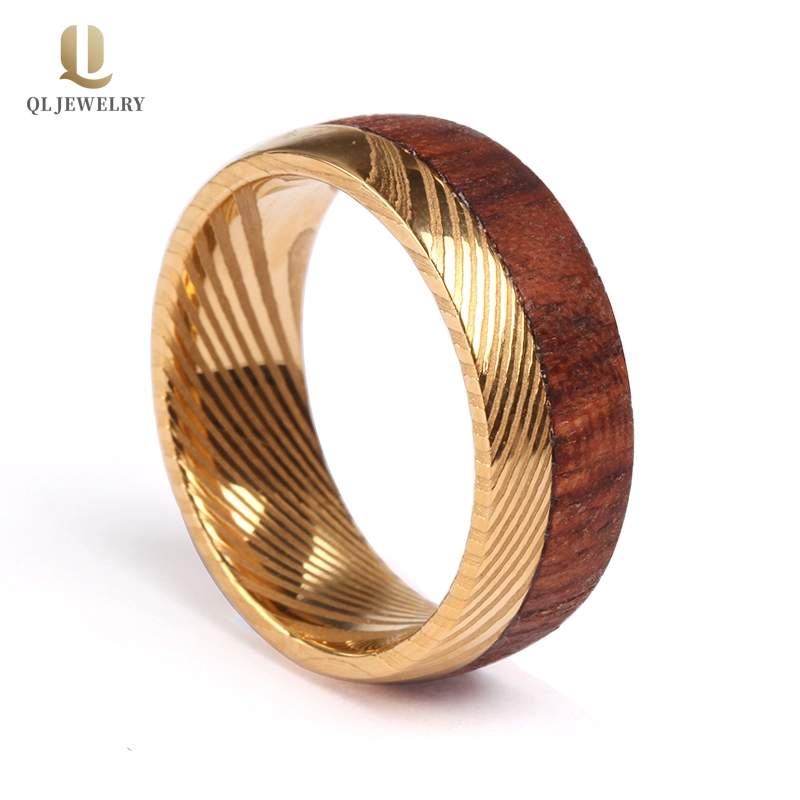 8mm Men\'s Wedding Band Gold Damascus Steel Ring with Half Wood Band China Supplier