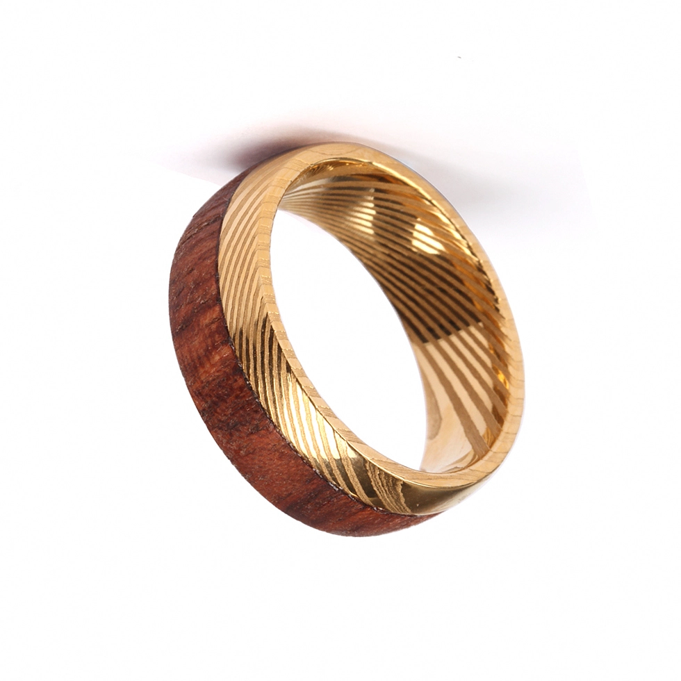 8mm Men\'s Wedding Band Gold Damascus Steel Ring with Half Wood Band China Supplier