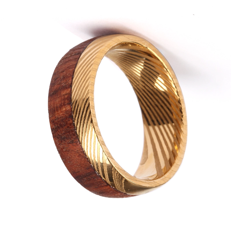 8mm Men\'s Wedding Band Gold Damascus Steel Ring with Half Wood Band China Supplier