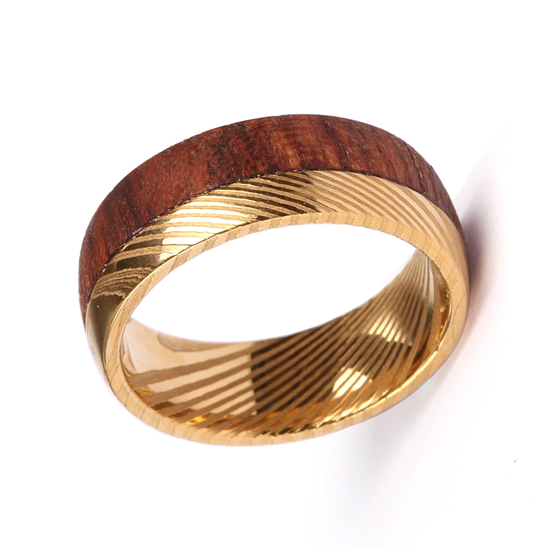 8mm Men\'s Wedding Band Gold Damascus Steel Ring with Half Wood Band China Supplier