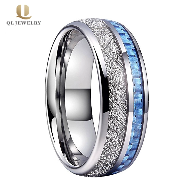FIT CONFORT FIT Bague en carbure de tungstène en dôme de 8 mm avec météorite et bleu de carbone Blue Inlay Fournisseur