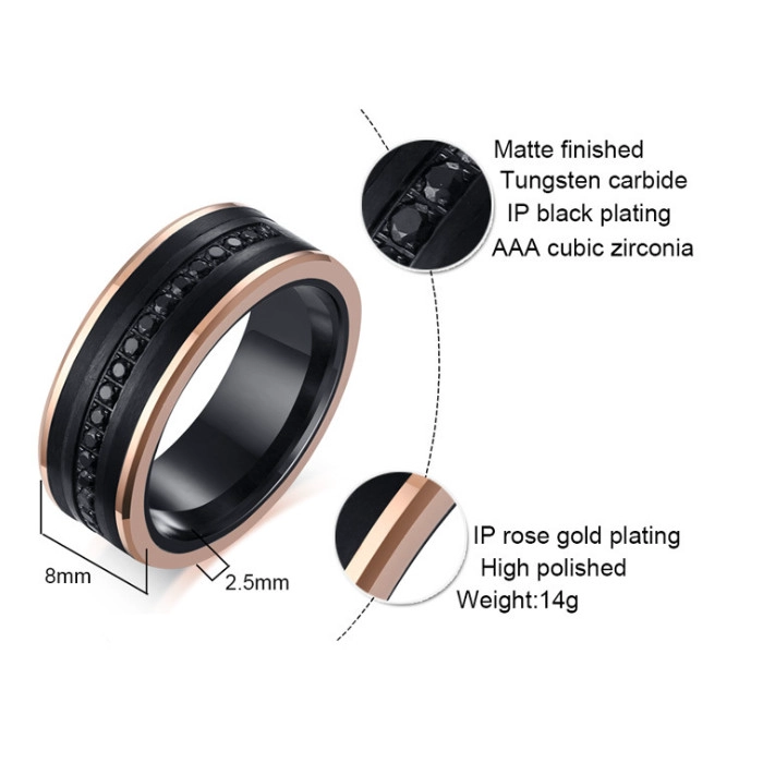 Satin incroyable bague en carbure de tungstène noir et or rose avec 13 aaa pierre noire cz