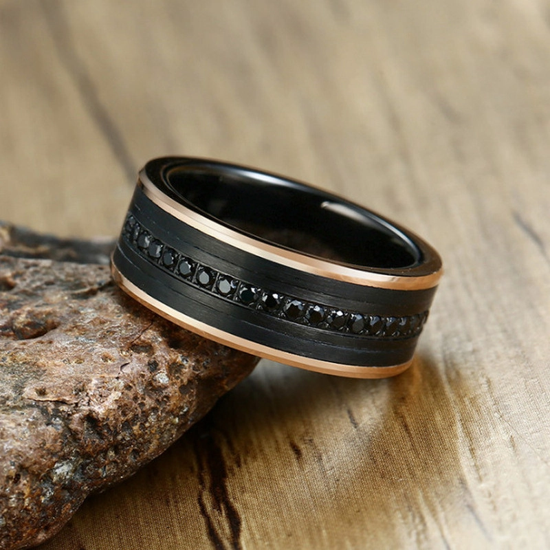 Satin incroyable bague en carbure de tungstène noir et or rose avec 13 aaa pierre noire cz