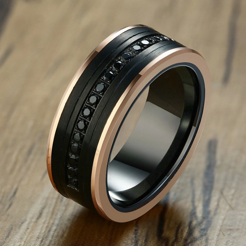 Satin incroyable bague en carbure de tungstène noir et or rose avec 13 aaa pierre noire cz
