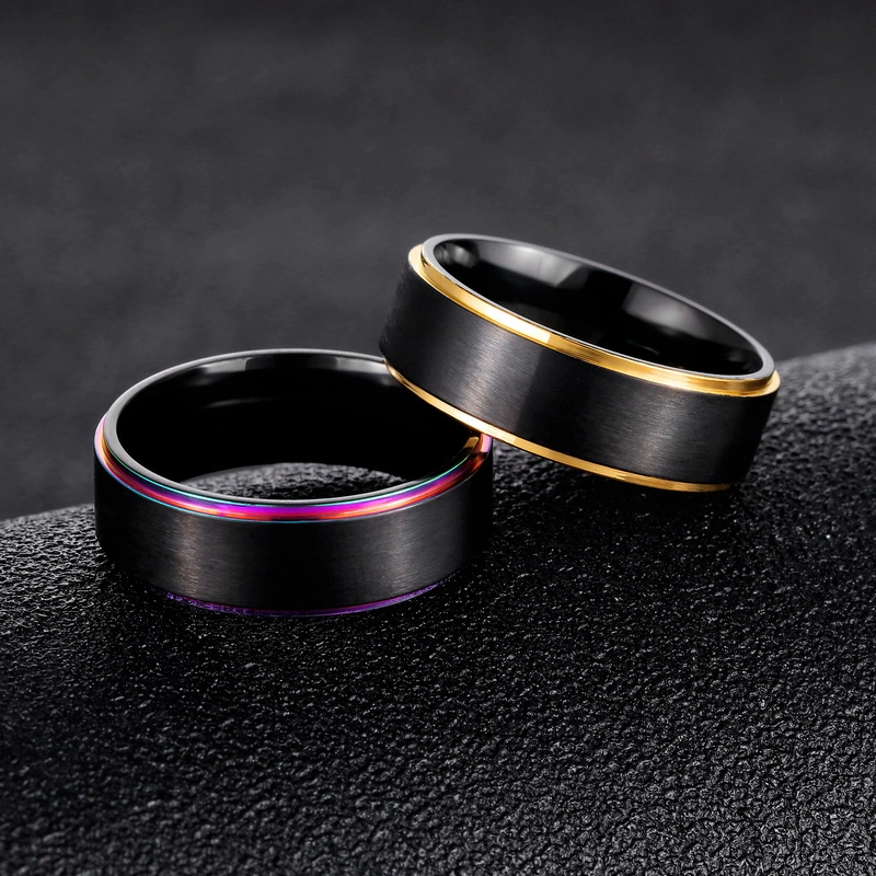 Superior Qualität 8mm Satin gebürstet Stiefkanten Zwei getönte Wolframkarbidring Schwarzer und Rainbow China Lieferant