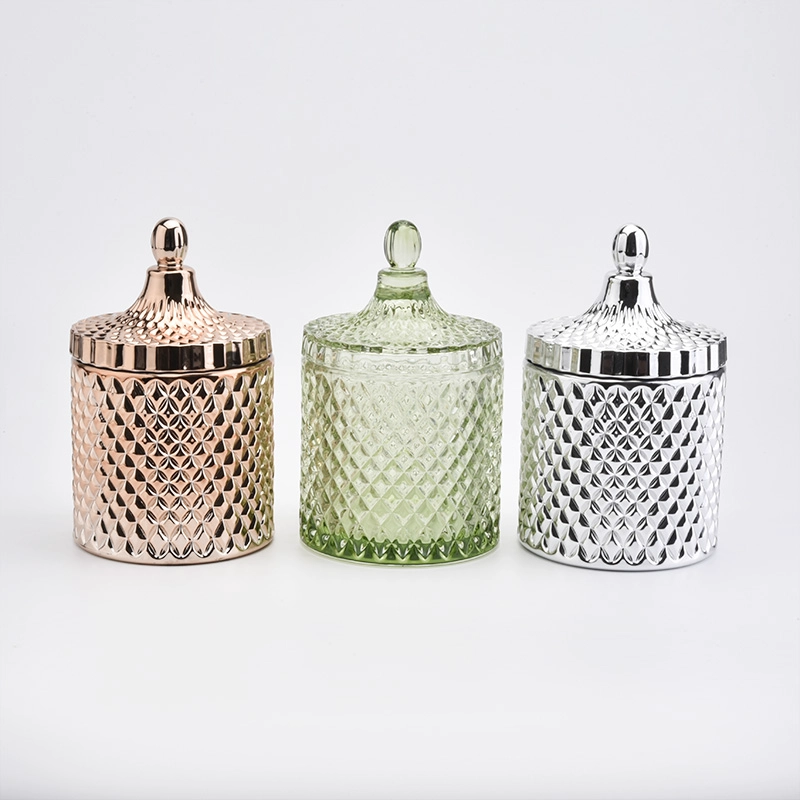 Hot sale 18oz luxury gold glass diamond effect candle holder with lids for candle making