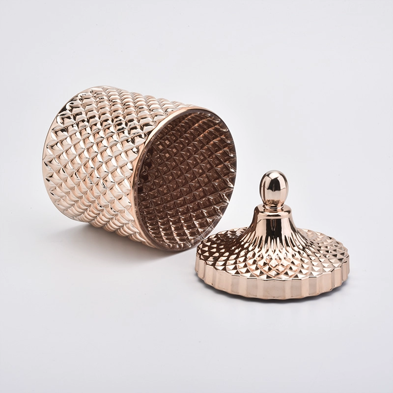 Hot sale 18oz luxury gold glass diamond effect candle holder with lids for candle making