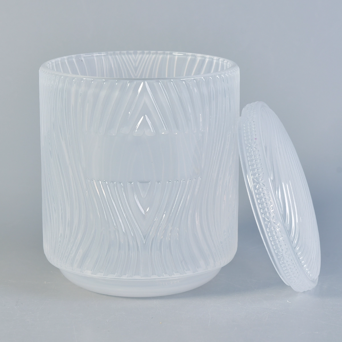 Embossed White Glass Candle Jars With Lids