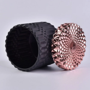 Geo Cut Matte Black Glass Candle Jar With Rose Gold Lids
