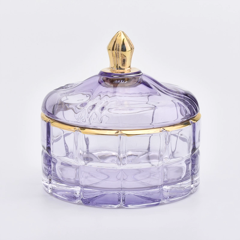 Luxury 250ml purple with shiny gold deco on glass candle containers with lid