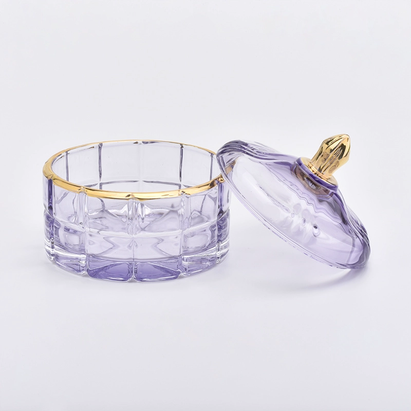Luxury 250ml purple with shiny gold deco on glass candle containers with lid
