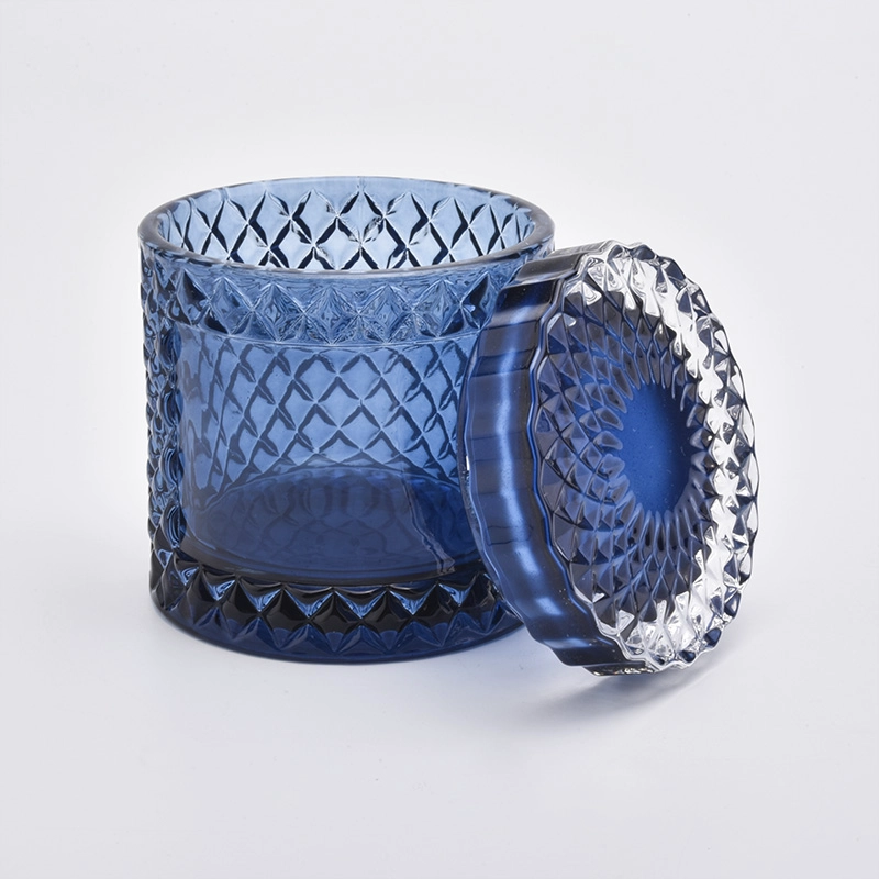 Glass candle jar with lid blue color candle holder for home decoration Glass candle jar with lid blue color candle holder for home decoration