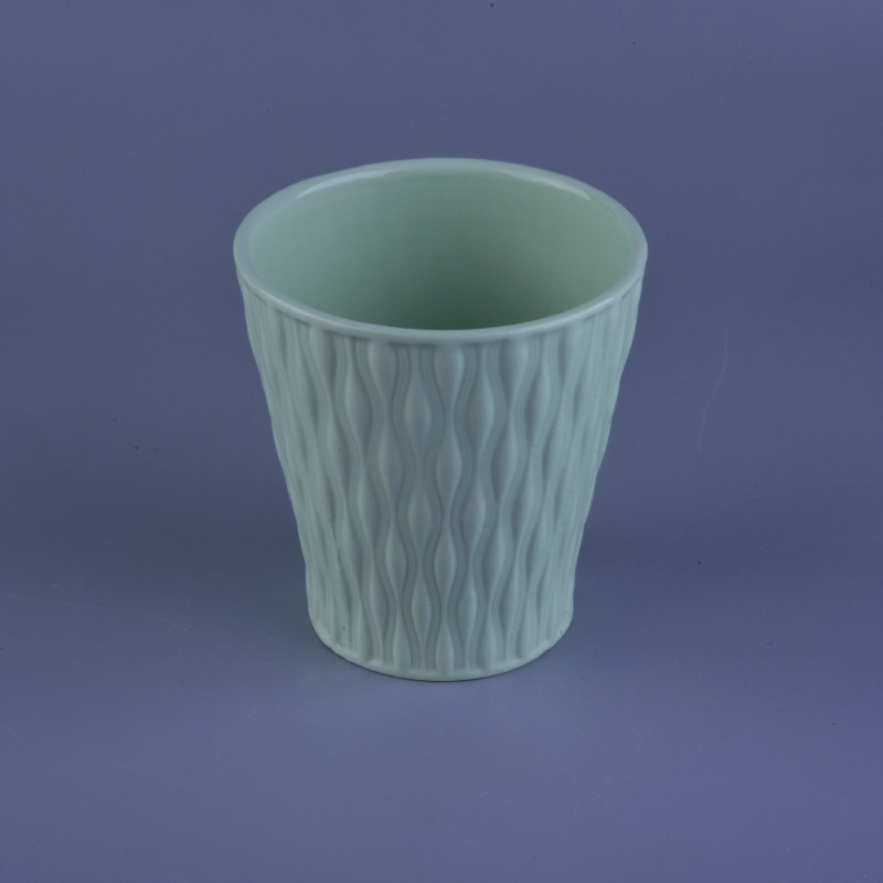 Embossed Green Glazed Ceramic Candle Holders , Jars for Wedding Decoration
