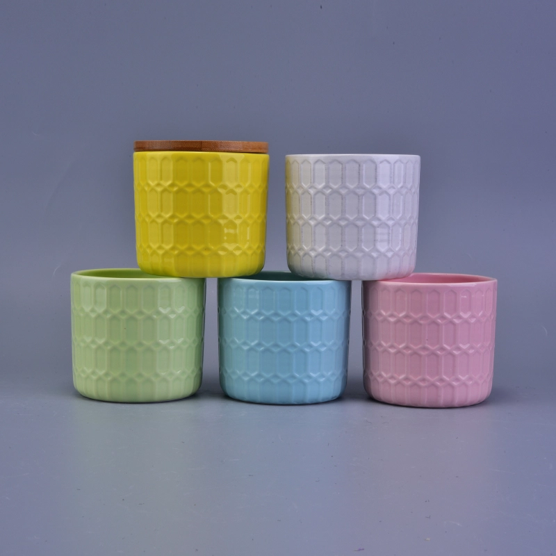 Flower Pattern Debossed Colorful Ceramic Candle Holder With Wooden Lid
