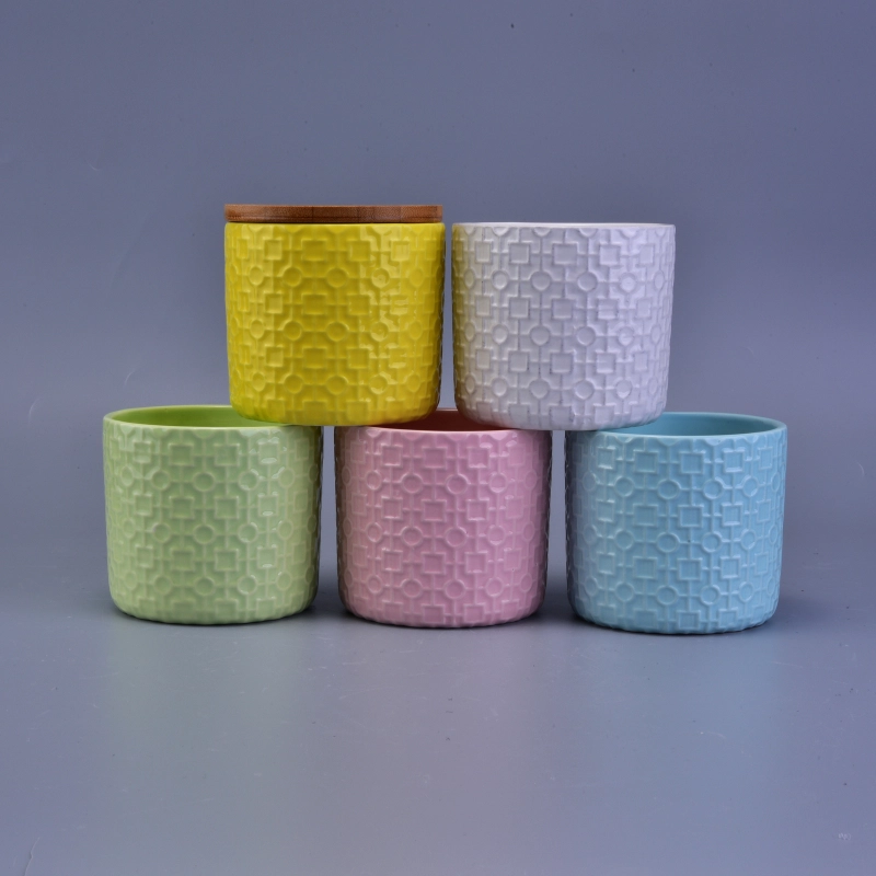 Flower Pattern Debossed Colorful Ceramic Candle Holder With Wooden Lid