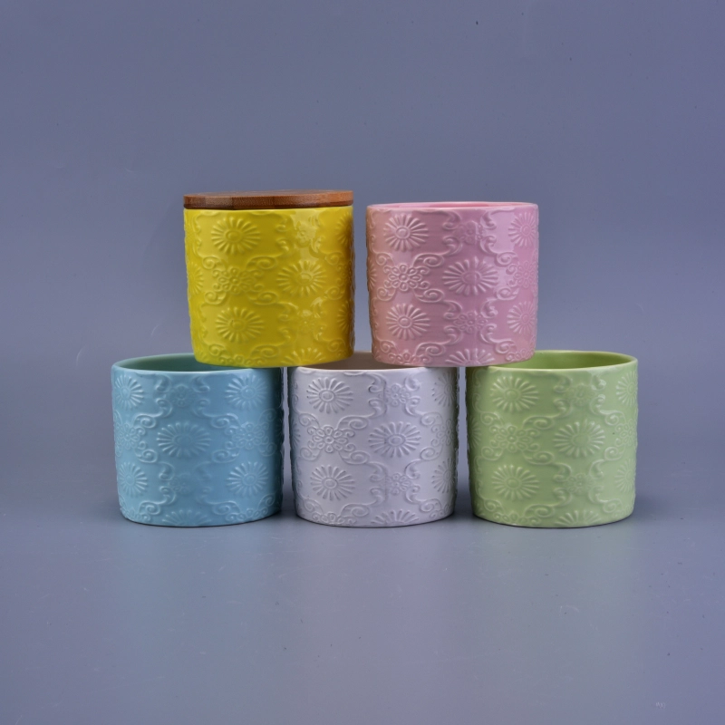 Flower Pattern Debossed Colorful Ceramic Candle Holder With Wooden Lid