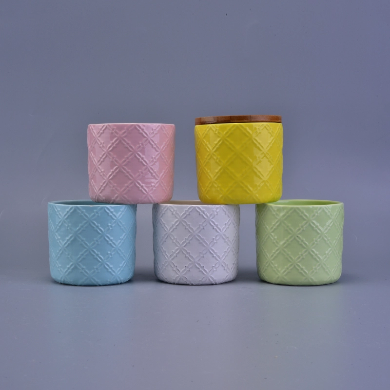 Flower Pattern Debossed Colorful Ceramic Candle Holder With Wooden Lid