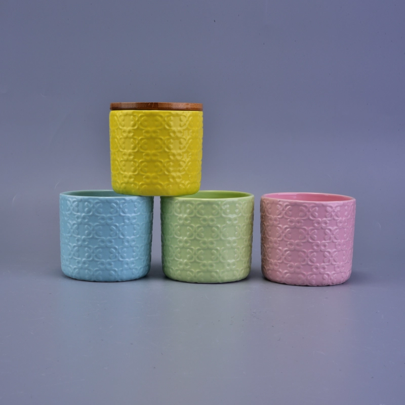 Flower Pattern Debossed Colorful Ceramic Candle Holder With Wooden Lid