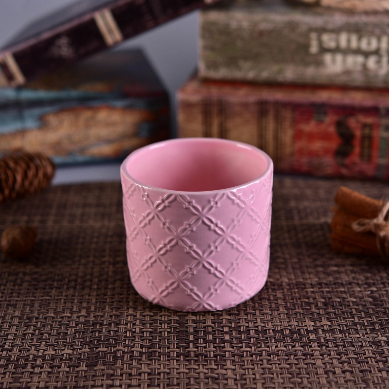 Flower Pattern Debossed Colorful Ceramic Candle Holder With Wooden Lid