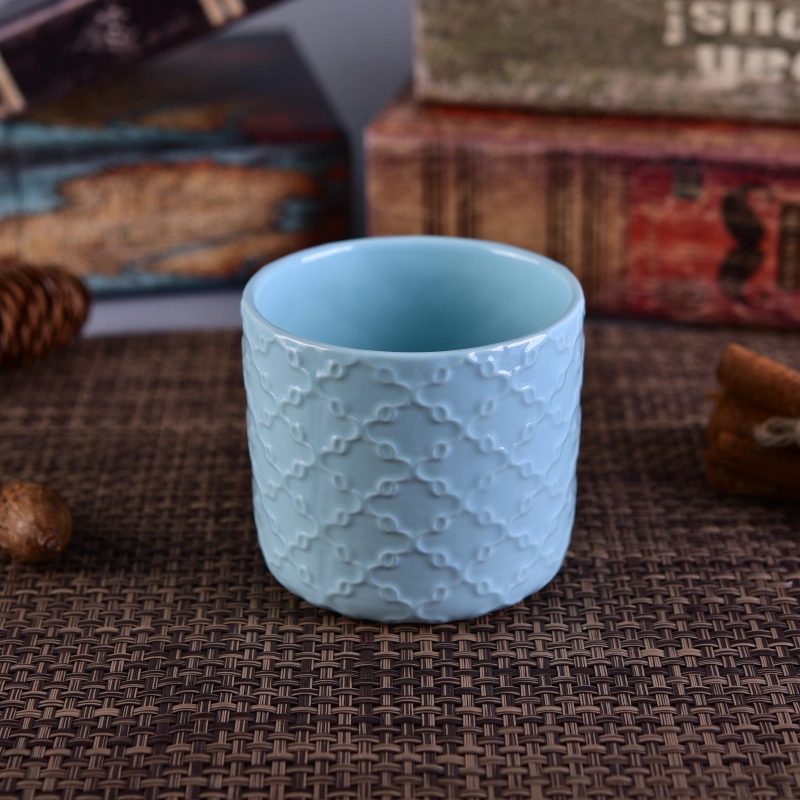 Flower Pattern Debossed Colorful Ceramic Candle Holder With Wooden Lid