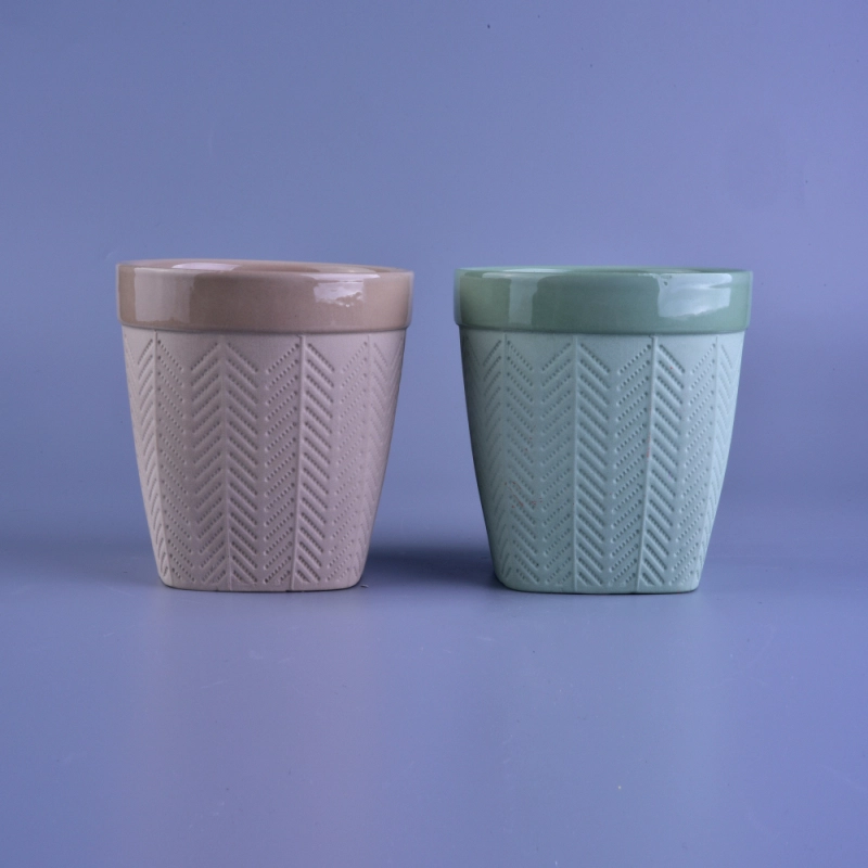 Matte Tree Pattern Ceramic Candle Holders with 2 Colors Glazed Inside