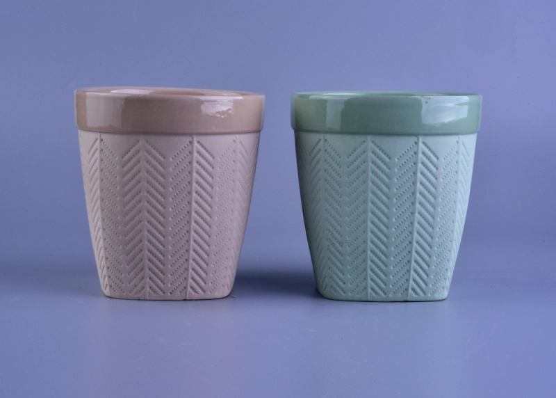 Matte Tree Pattern Ceramic Candle Holders with 2 Colors Glazed Inside