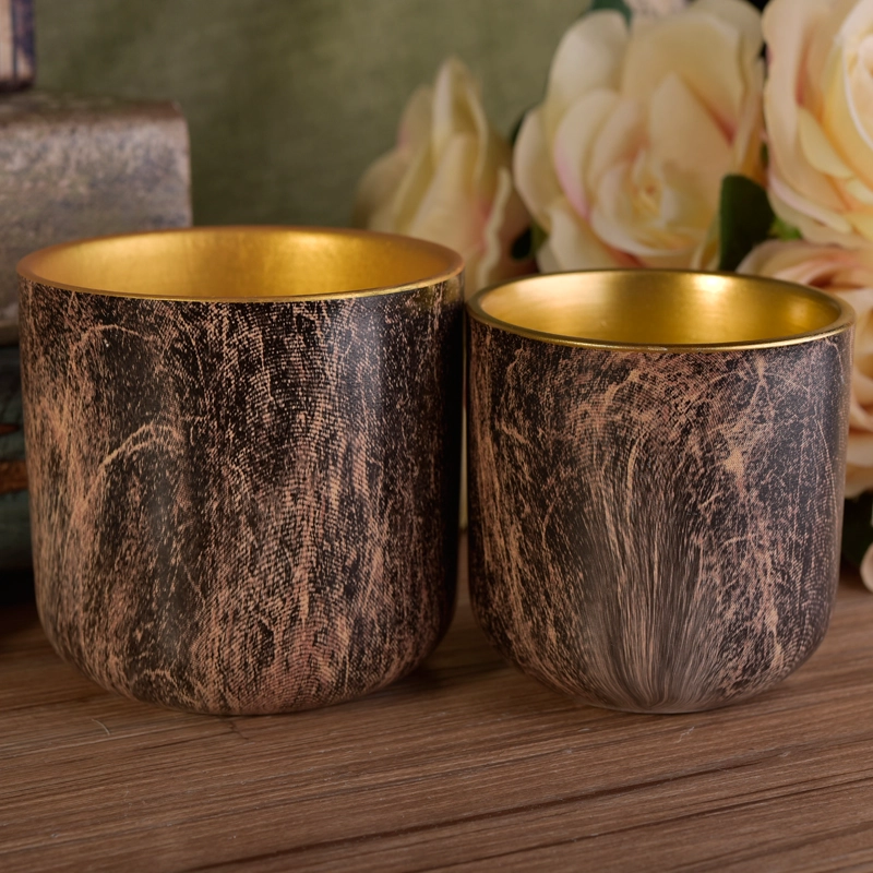 Tree Bark Pattern Ceramic Candle Vessel With Gold Electroplated Inside Tree Bark Pattern Ceramic Candle Vessel With Gold Electroplated Inside