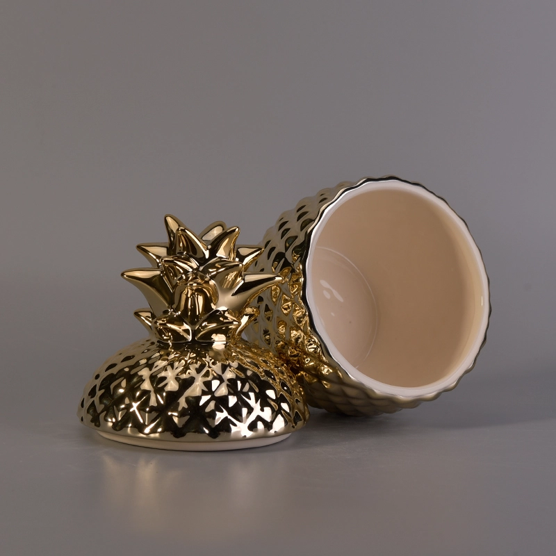 Popular gold handmade pineapple ceramic candle jar with gold lids