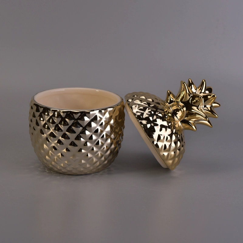 Popular gold handmade pineapple ceramic candle jar with gold lids