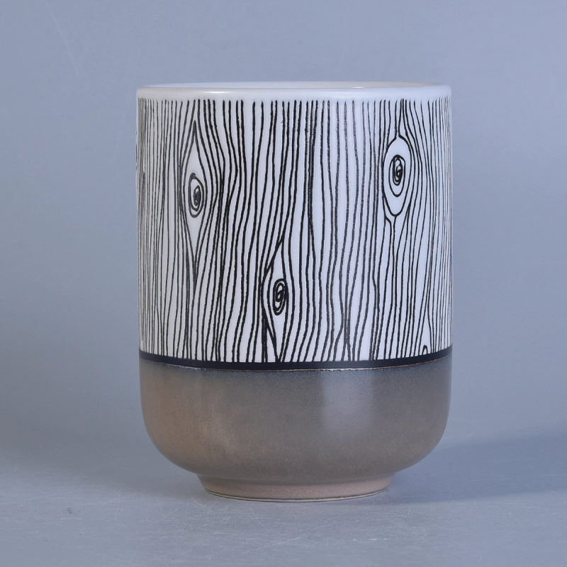 Popular shape hand painted tree pattern ceramic candle jars Metal color bottom wood grain glazing ceramic candle jar
