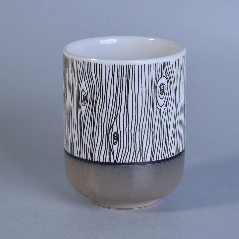 Popular shape hand painted tree pattern ceramic candle jars Metal color bottom wood grain glazing ceramic candle jar