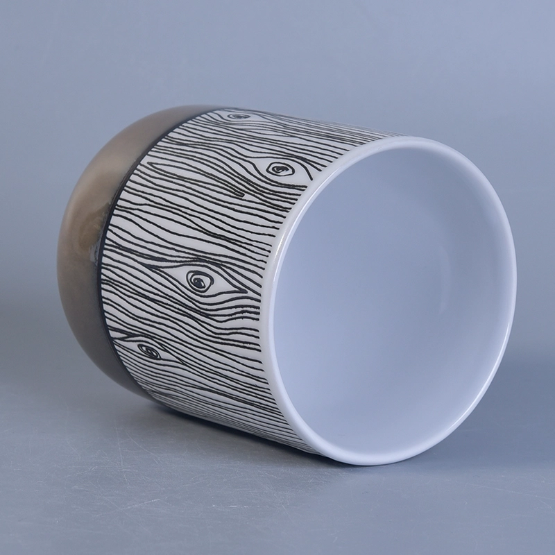 Popular shape hand painted tree pattern ceramic candle jars Metal color bottom wood grain glazing ceramic candle jar