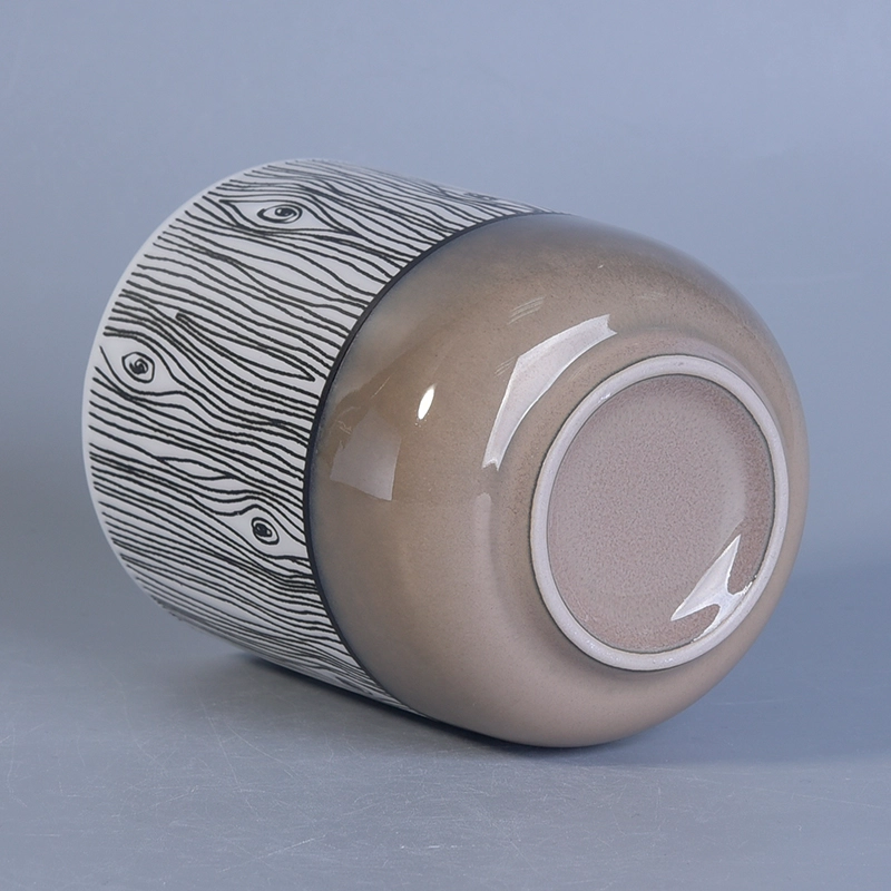 Popular shape hand painted tree pattern ceramic candle jars Metal color bottom wood grain glazing ceramic candle jar