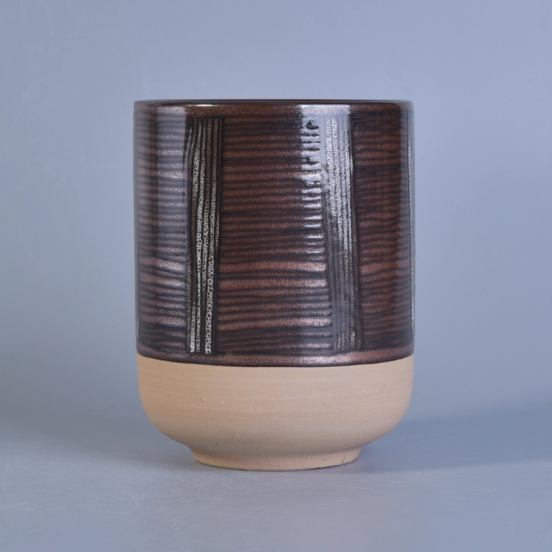 Handmade round ceramic candle jars with hand paitning lines decoration Handmade round ceramic candle jars with hand paitning lines decoration