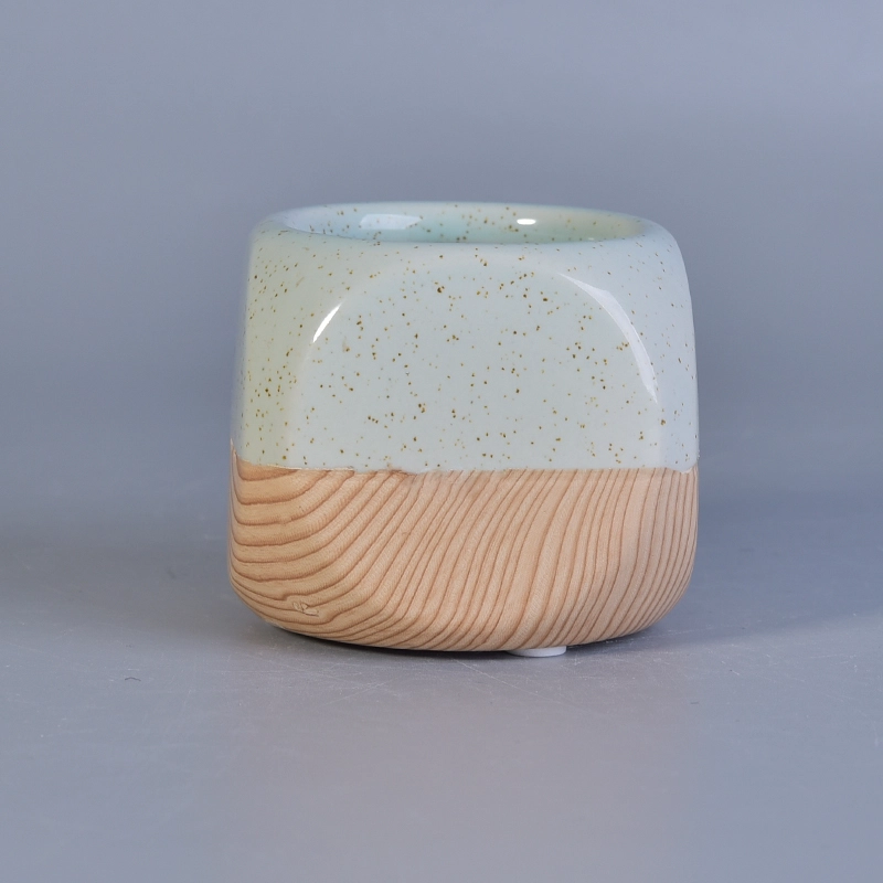 ceramic candle jar with wooden base